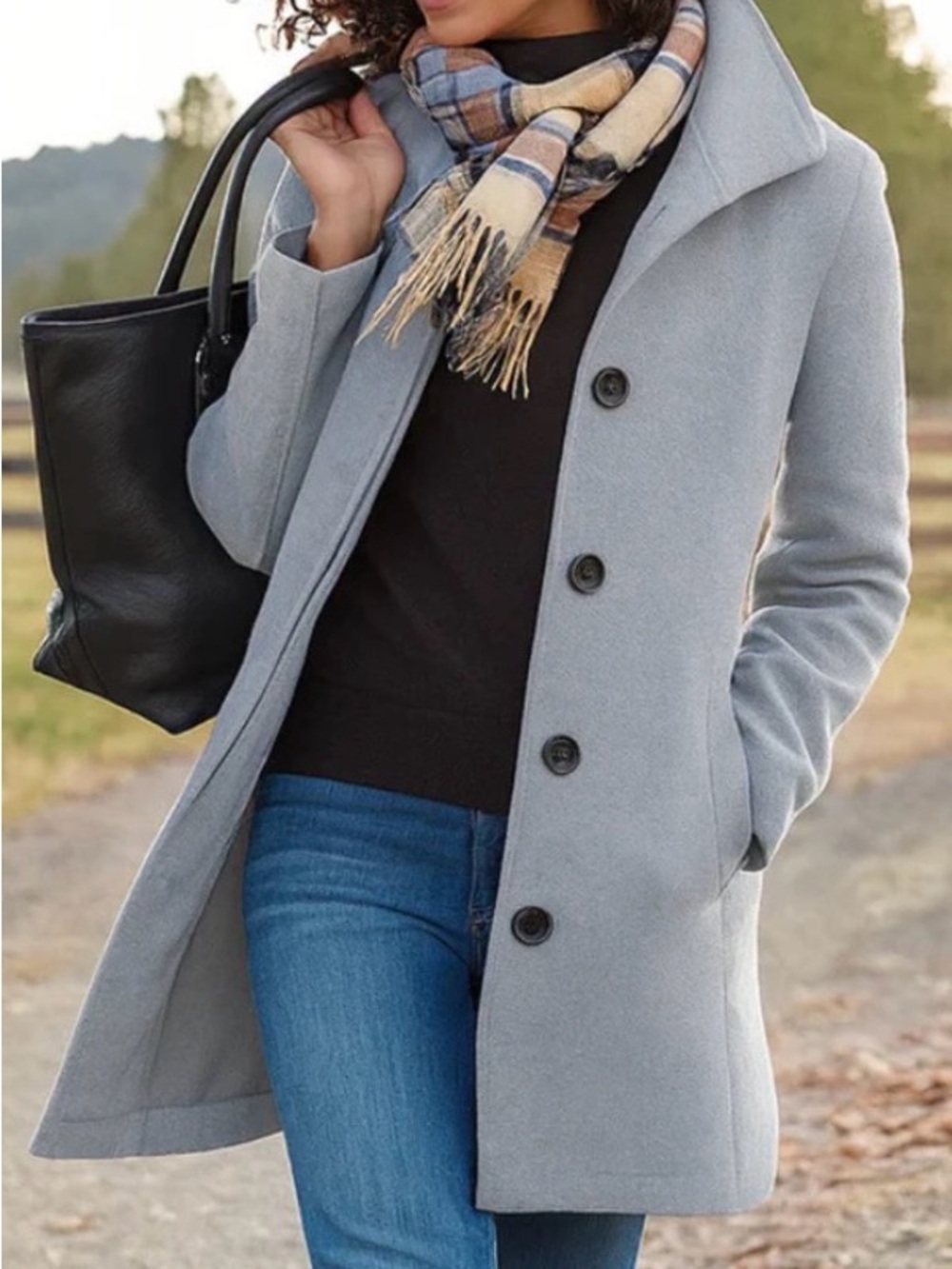 Women's Light Gray Button Front Wool-Blend Coat